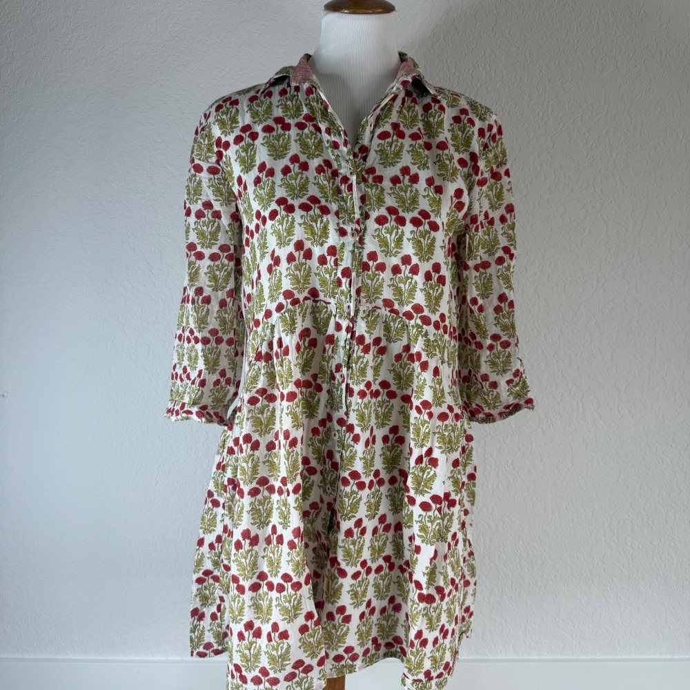 Ro's Garden Dress Tuckernuck Women XS White Red Floral Oversized Cottage‎ Spring